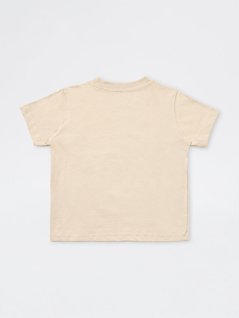 HOP Kids Boys Light Beige Dinosaur Embossed Cotton T-Shirt