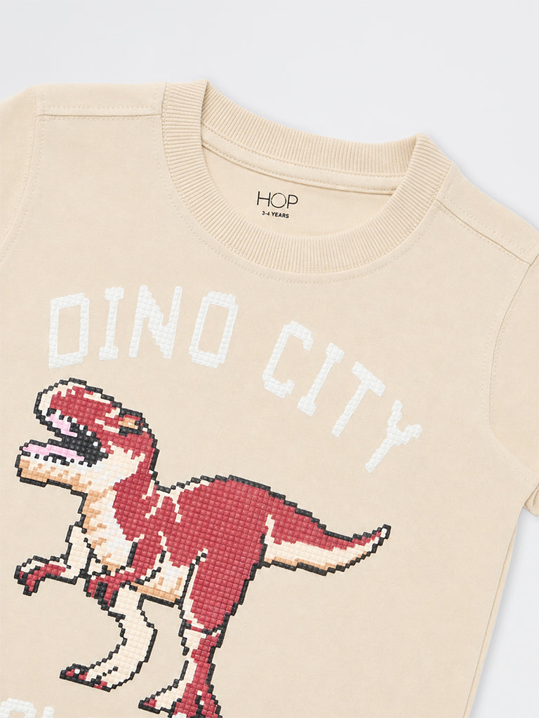 HOP Kids Boys Light Beige Dinosaur Embossed Cotton T-Shirt