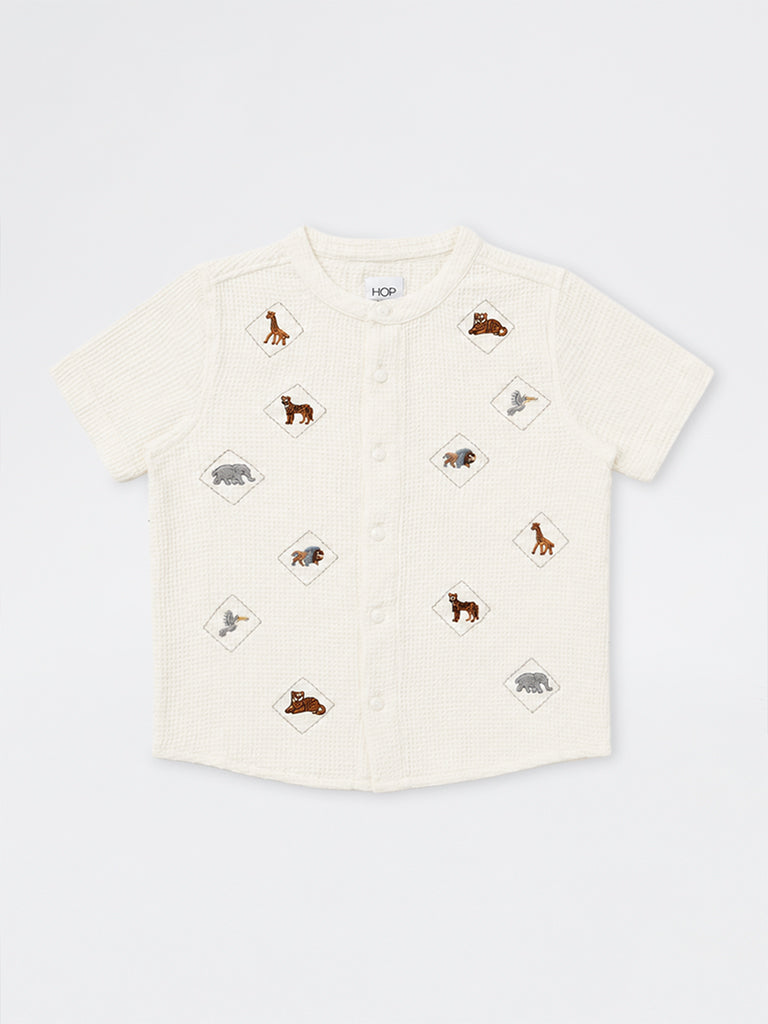 HOP Kids Boys Off-White Animal Embroidered Waffle-Textured Cotton Shirt