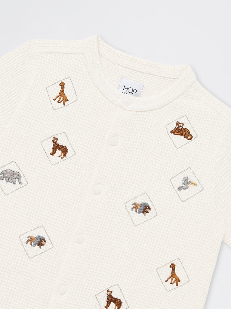 HOP Kids Boys Off-White Animal Embroidered Waffle-Textured Cotton Shirt