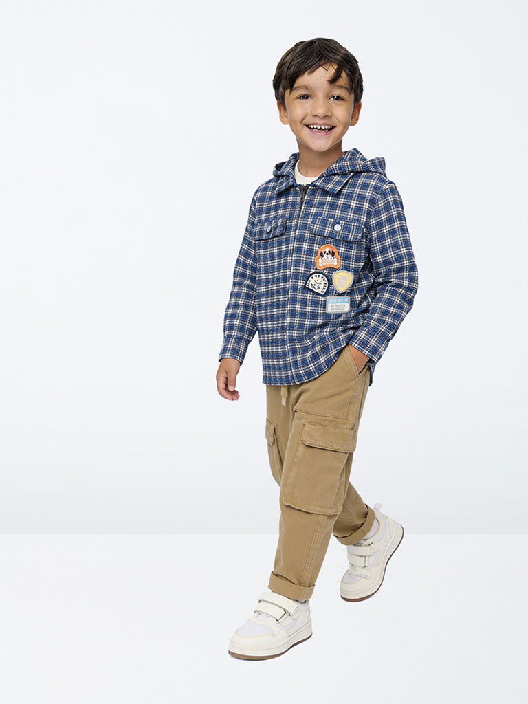 HOP Kids Boys Navy Checks Printed Cotton Hooded Shirt