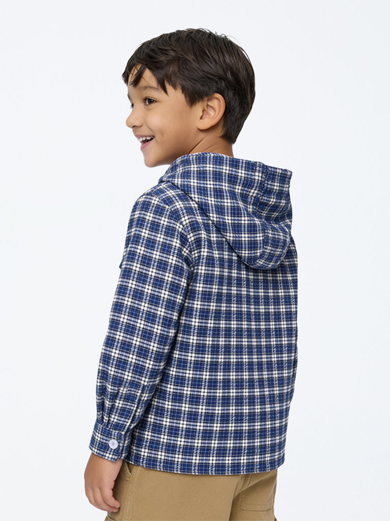 HOP Kids Boys Navy Checks Printed Cotton Hooded Shirt