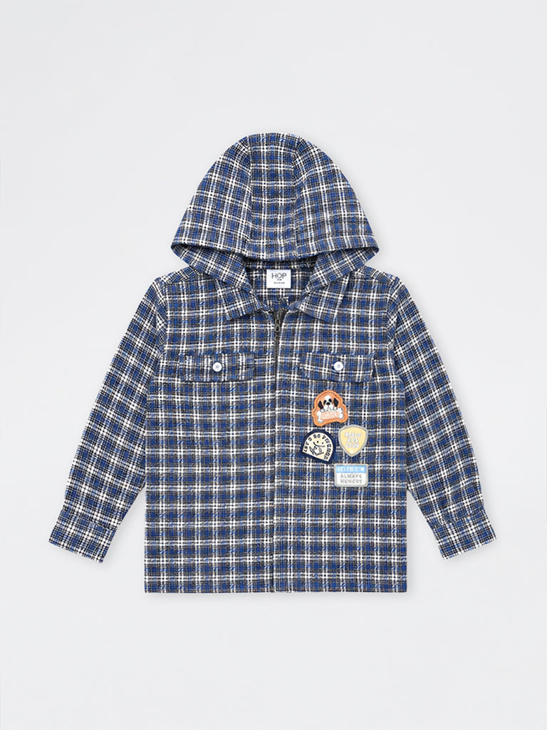 HOP Kids Boys Navy Checks Printed Cotton Hooded Shirt