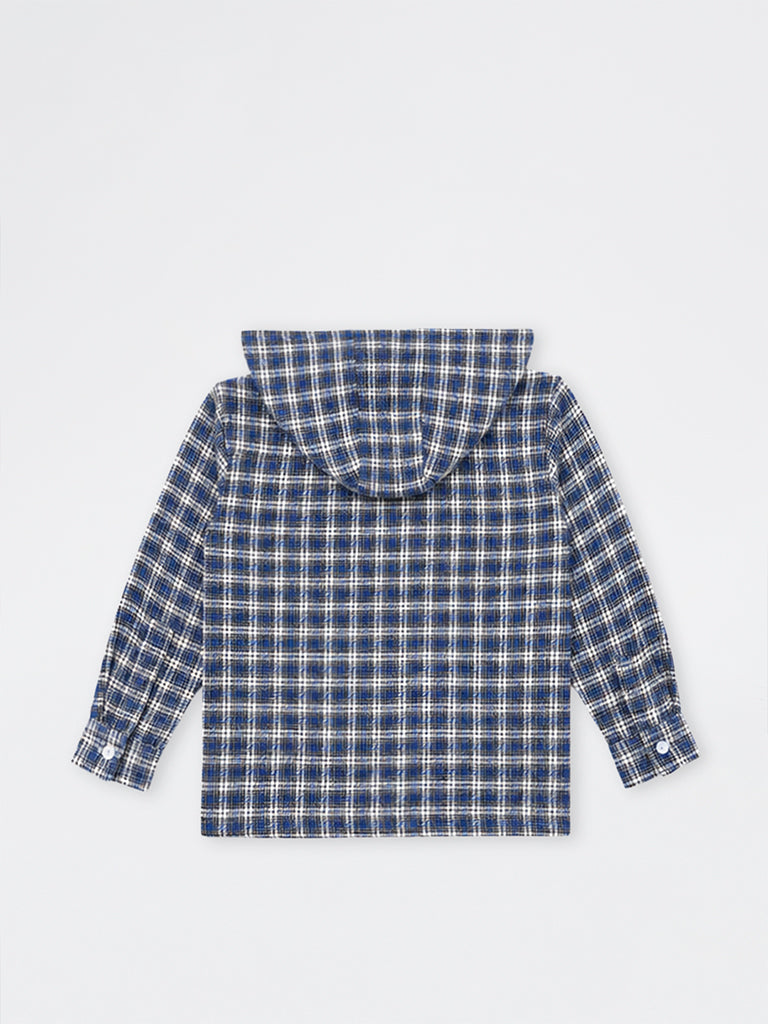 HOP Kids Boys Navy Checks Printed Cotton Hooded Shirt