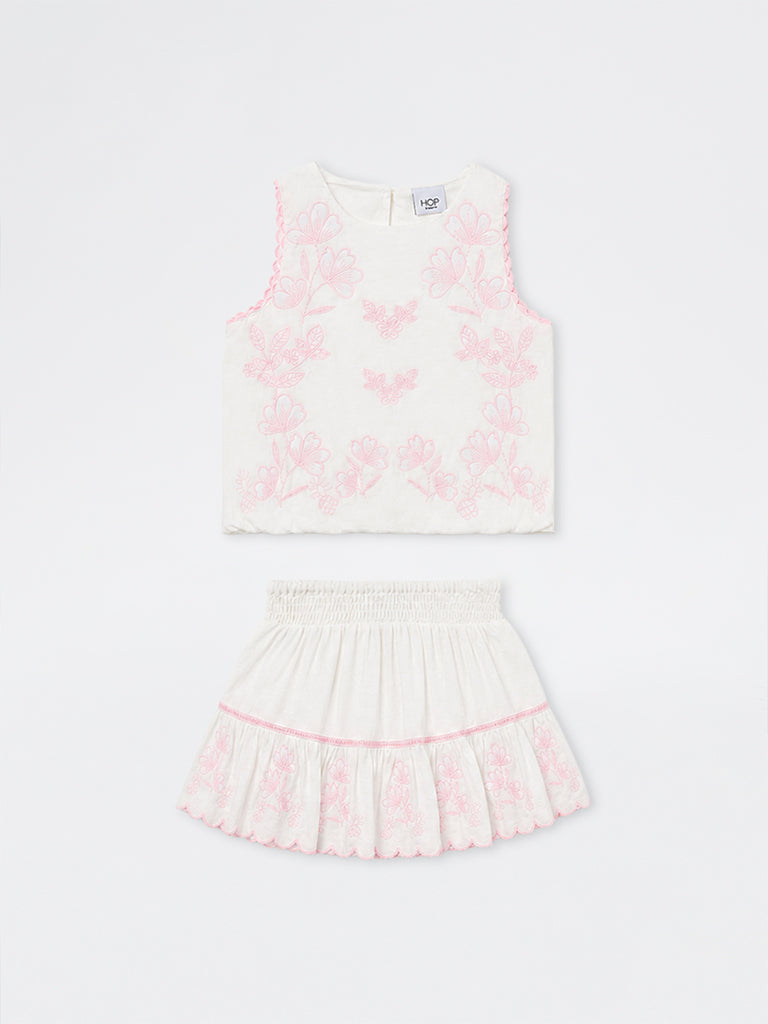 HOP Kids Girls White Floral Embroidered Cotton Top and Skirt Set
