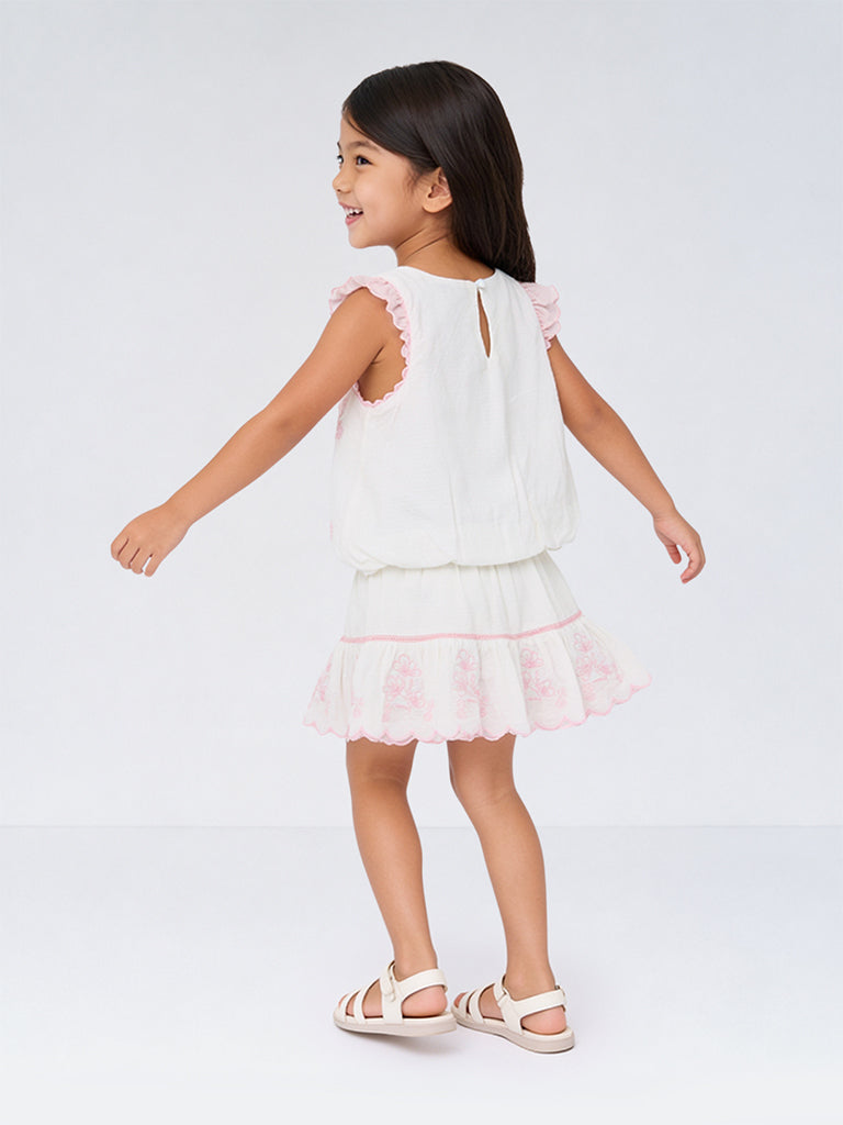 HOP Kids Girls White Floral Embroidered Cotton Top and Skirt Set
