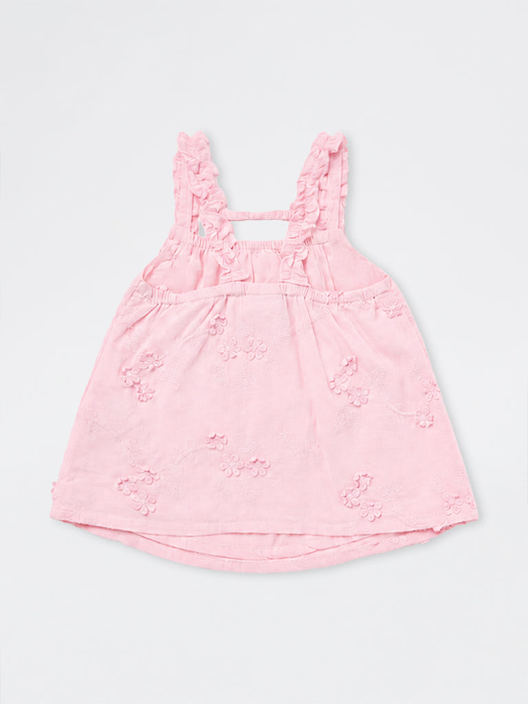 HOP Kids Girls Pink Floral Embroidered Cotton Top