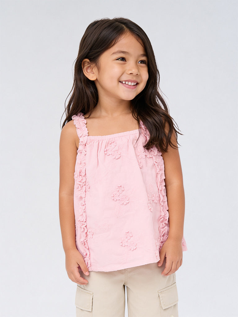 HOP Kids Girls Pink Floral Embroidered Cotton Top