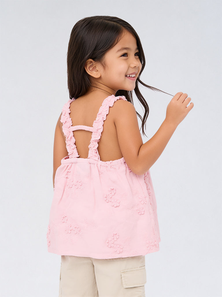 HOP Kids Girls Pink Floral Embroidered Cotton Top