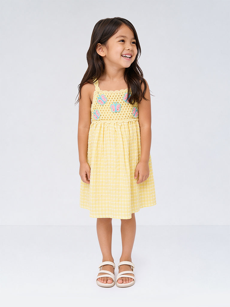 HOP Kids Girls Yellow Checkered Cotton A-Line Dress