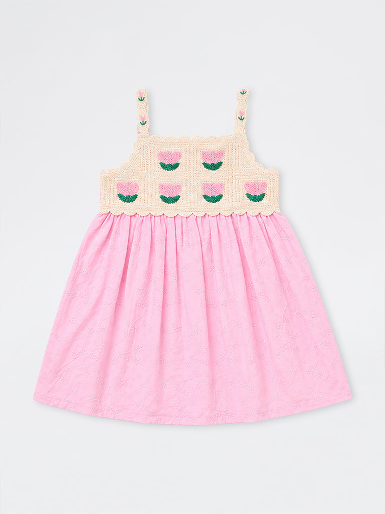 HOP Kids Girls Pink Floral Embroidered Cotton A-Line Dress