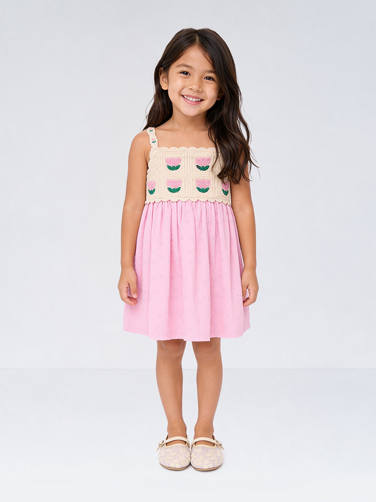 HOP Kids Girls Pink Floral Embroidered Cotton A-Line Dress