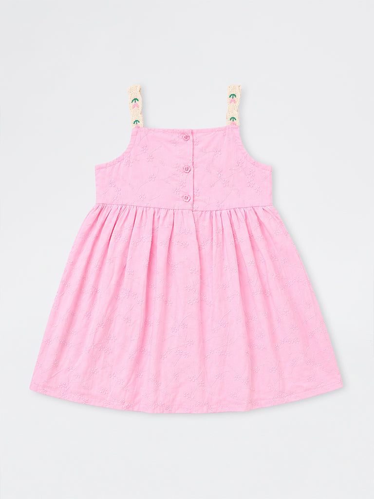 HOP Kids Girls Pink Floral Embroidered Cotton A-Line Dress