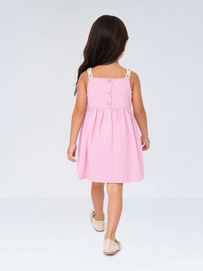 HOP Kids Girls Pink Floral Embroidered Cotton A-Line Dress