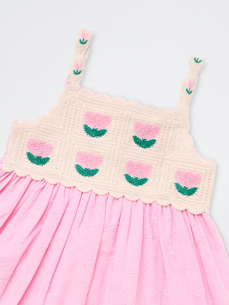 HOP Kids Girls Pink Floral Embroidered Cotton A-Line Dress