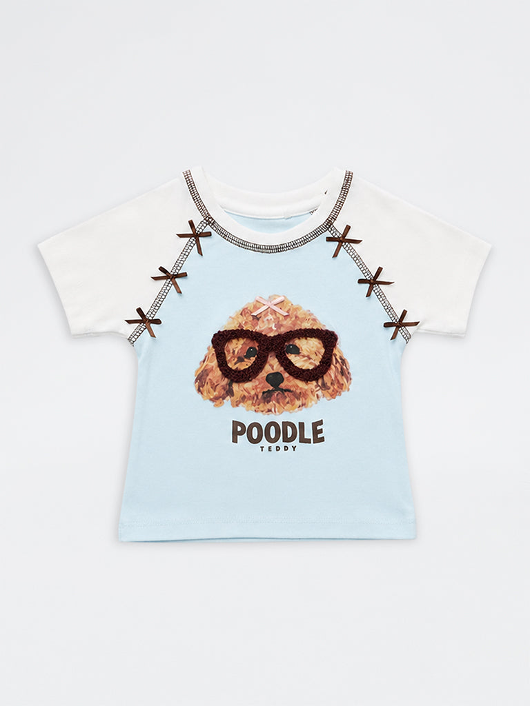 HOP Kids Girls Light Blue Dog-Printed Color-Blocked Cotton T-Shirt