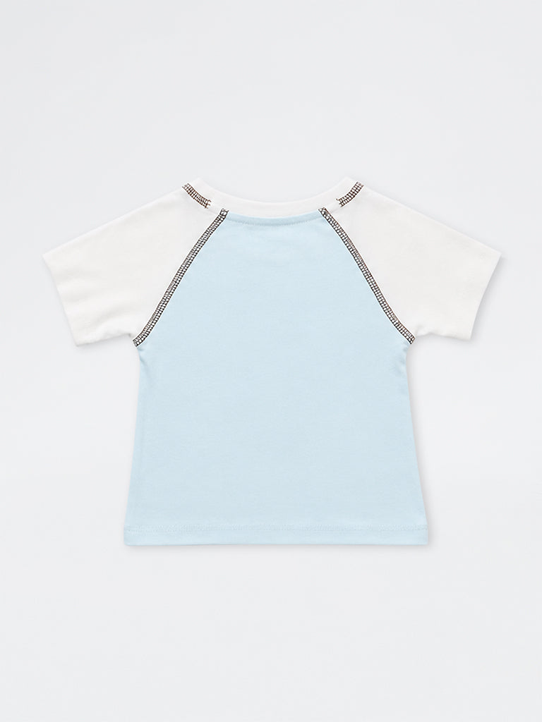 HOP Kids Girls Light Blue Dog-Printed Color-Blocked Cotton T-Shirt