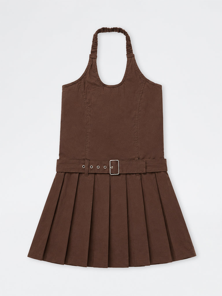 Girls Brown Box-Pleated Cotton A-Line Dress with Belt
