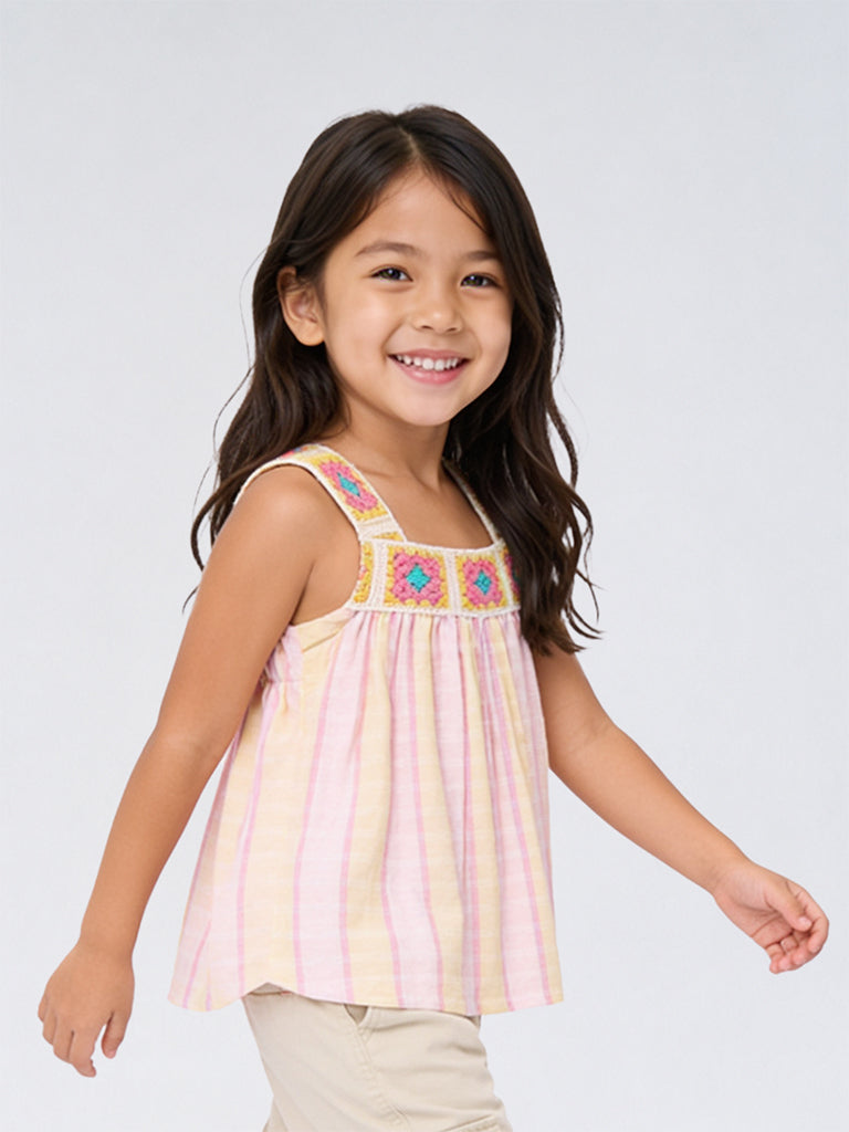 HOP Kids Girls  Multicolour Crochet Embroidered Cotton Top