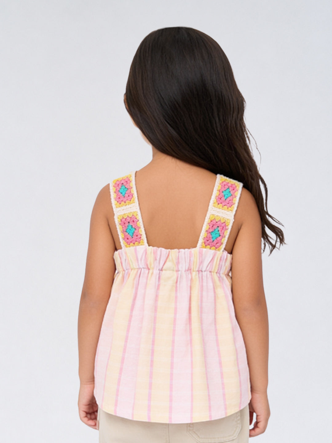 HOP Kids Girls  Multicolour Crochet Embroidered Cotton Top