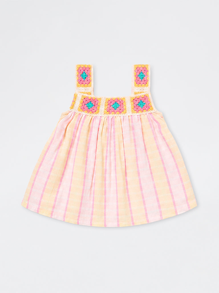HOP Kids Girls  Multicolour Crochet Embroidered Cotton Top