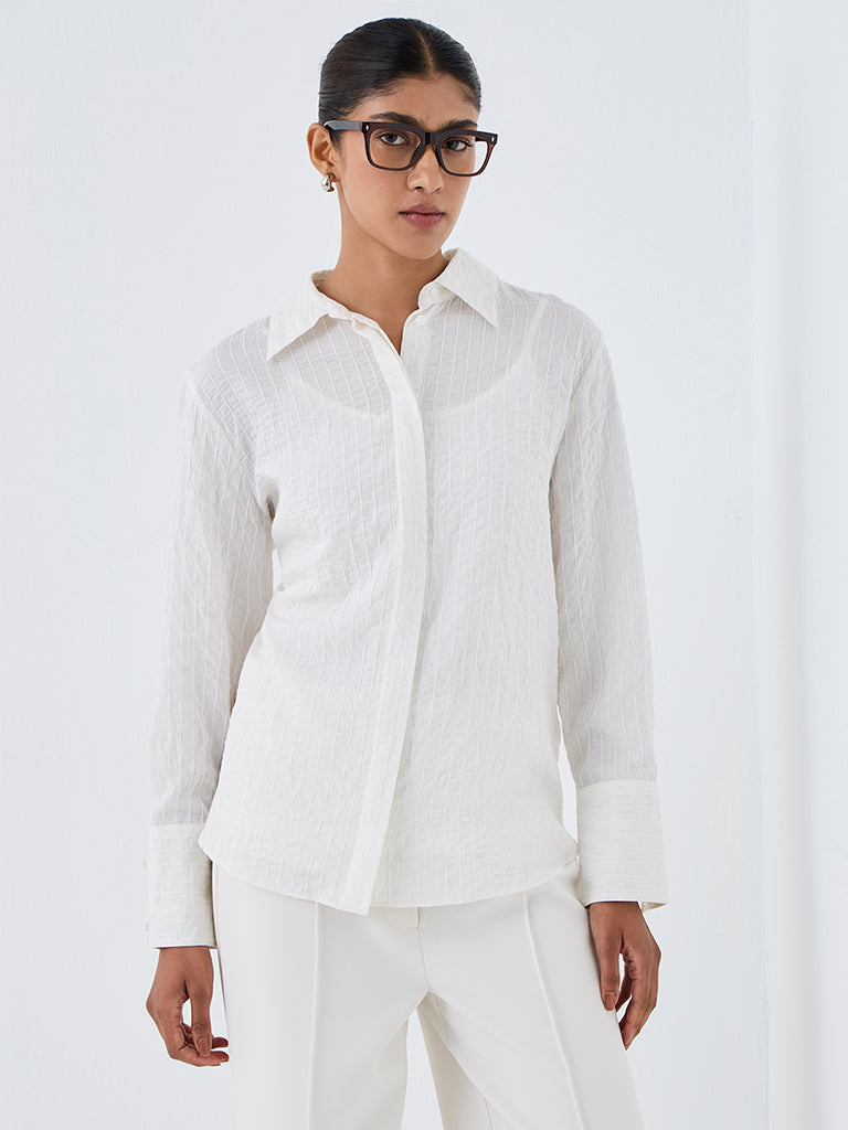 Wardrobe Ivory Self-Striped Cotton-Blend Shirt