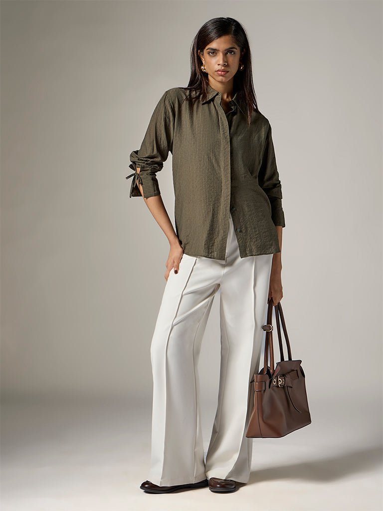 Wardrobe Dark Olive Self-Striped Shirt