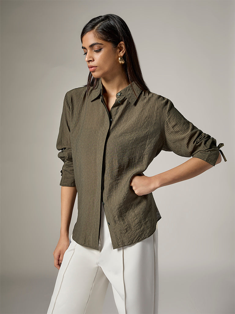 Wardrobe Dark Olive Self-Striped Shirt