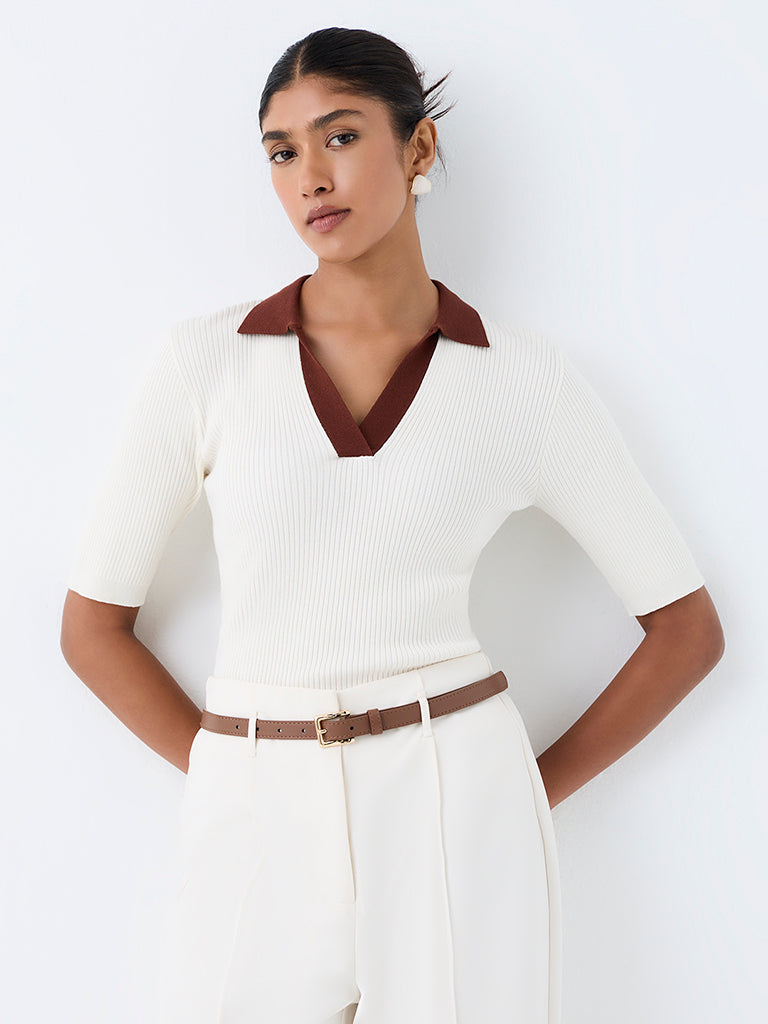 Wardrobe Ivory Ribbed-Textured T-Shirt