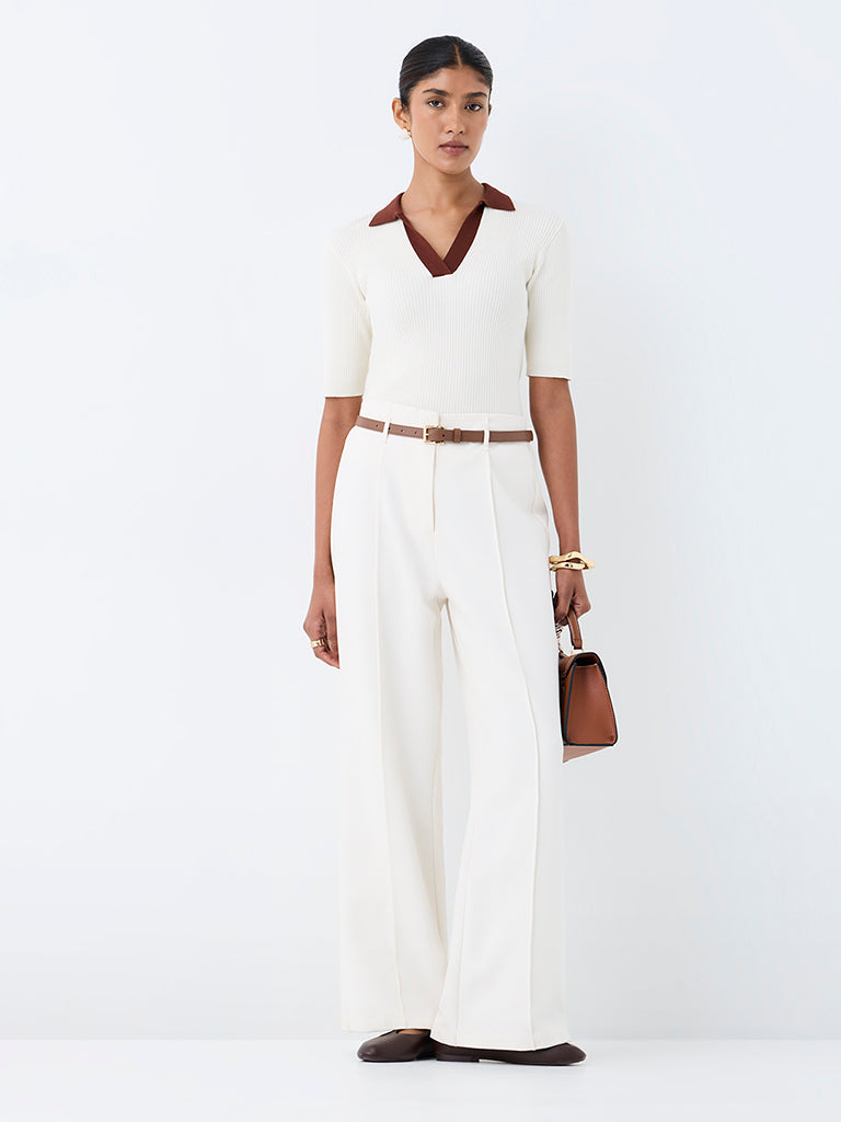 Wardrobe Ivory Ribbed-Textured T-Shirt