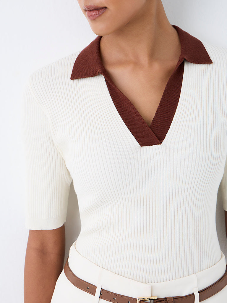 Wardrobe Ivory Ribbed-Textured T-Shirt