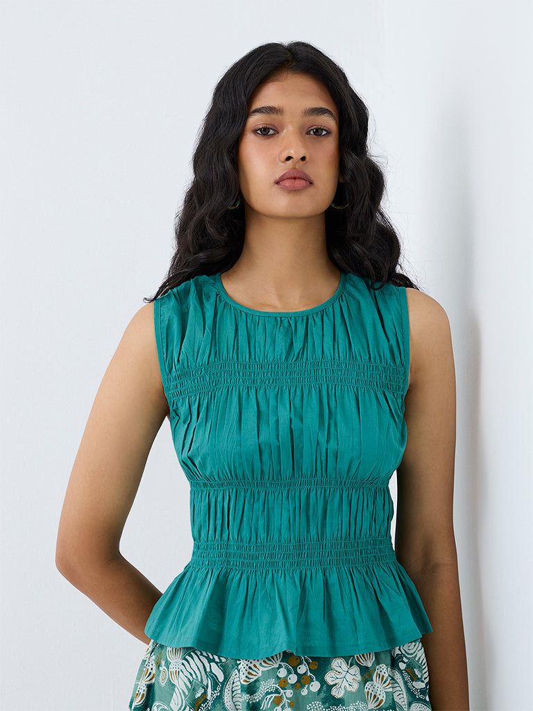 Bombay Paisley Teal Smocked Cotton Top
