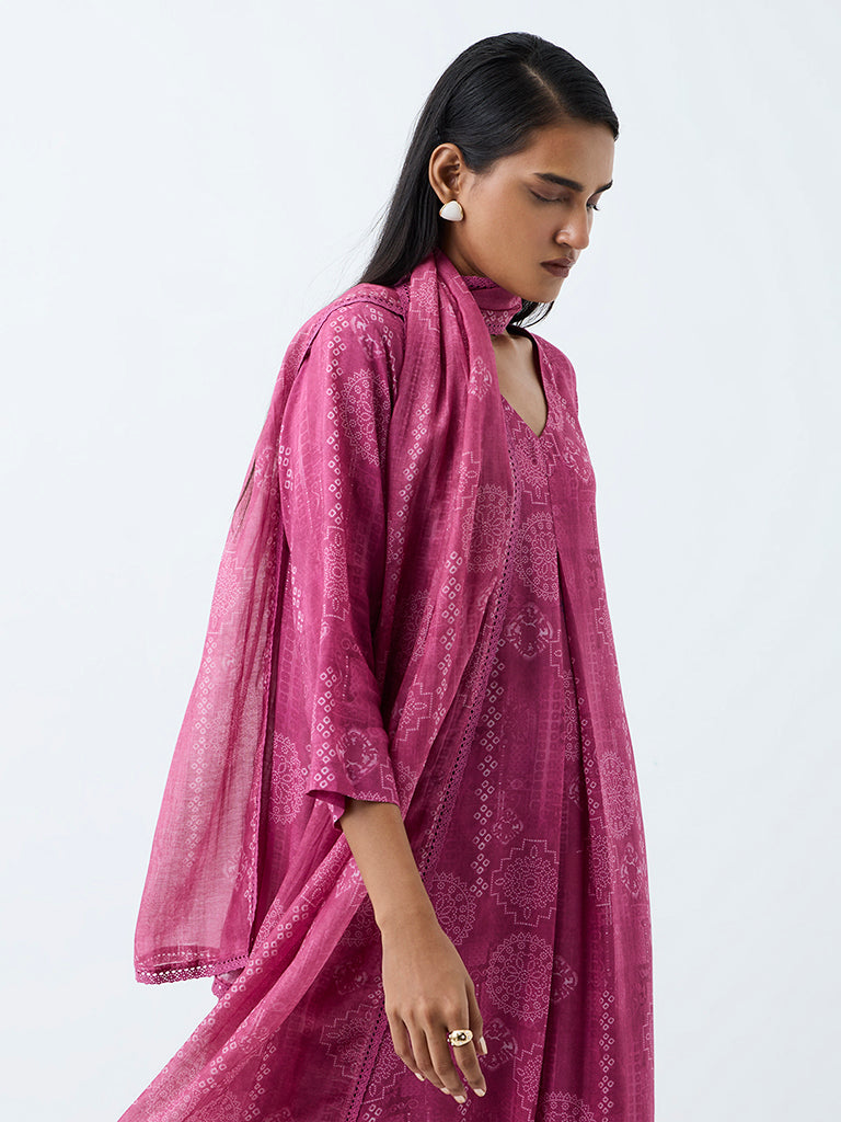 Zuba Pink Printed Silk-Blend Dupatta