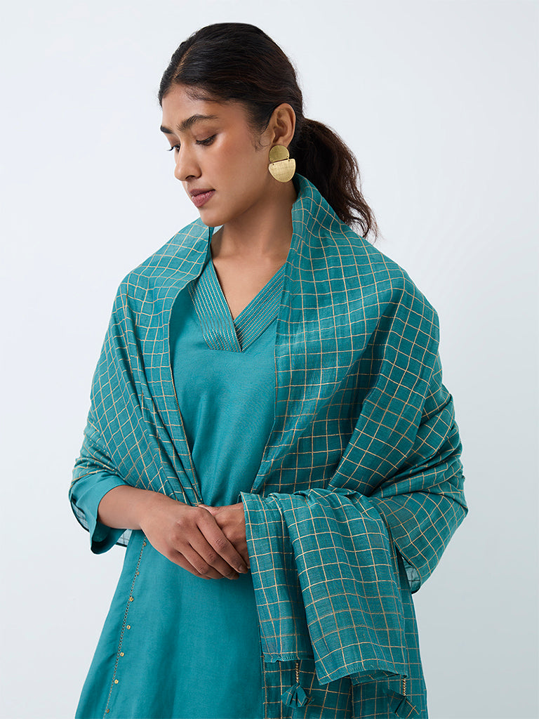 Zuba Teal Checkered Cotton-Blend Dupatta