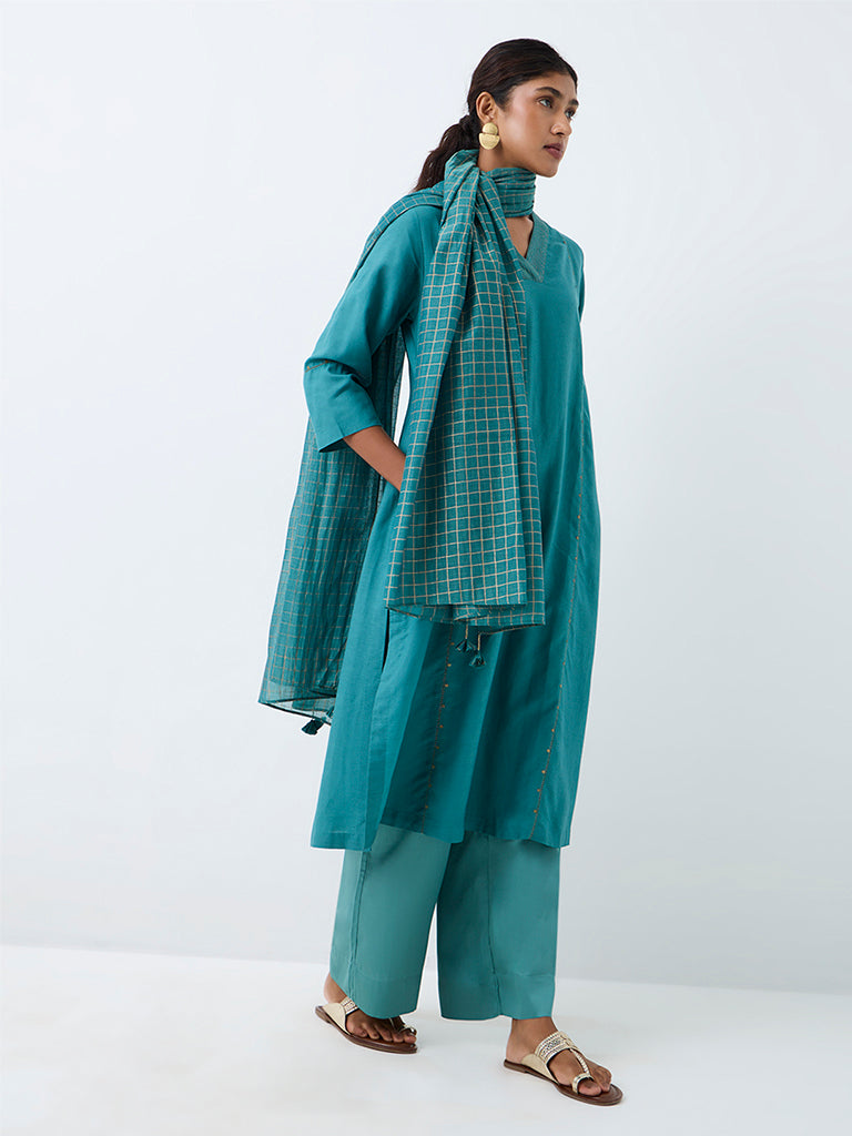 Zuba Teal Checkered Cotton-Blend Dupatta