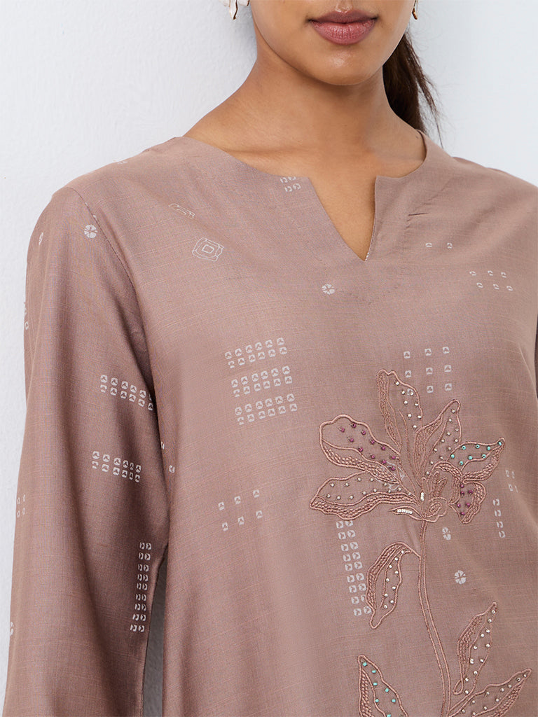 Zuba Taupe Bandhani Printed Cotton-Blend Tunic