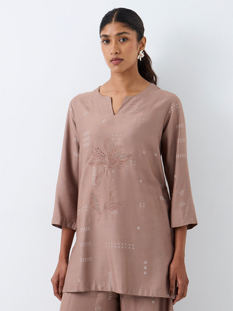 Zuba Taupe Bandhani Printed Cotton-Blend Tunic
