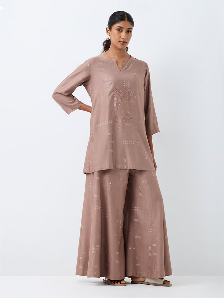 Zuba Taupe Bandhani Printed Cotton-Blend Tunic