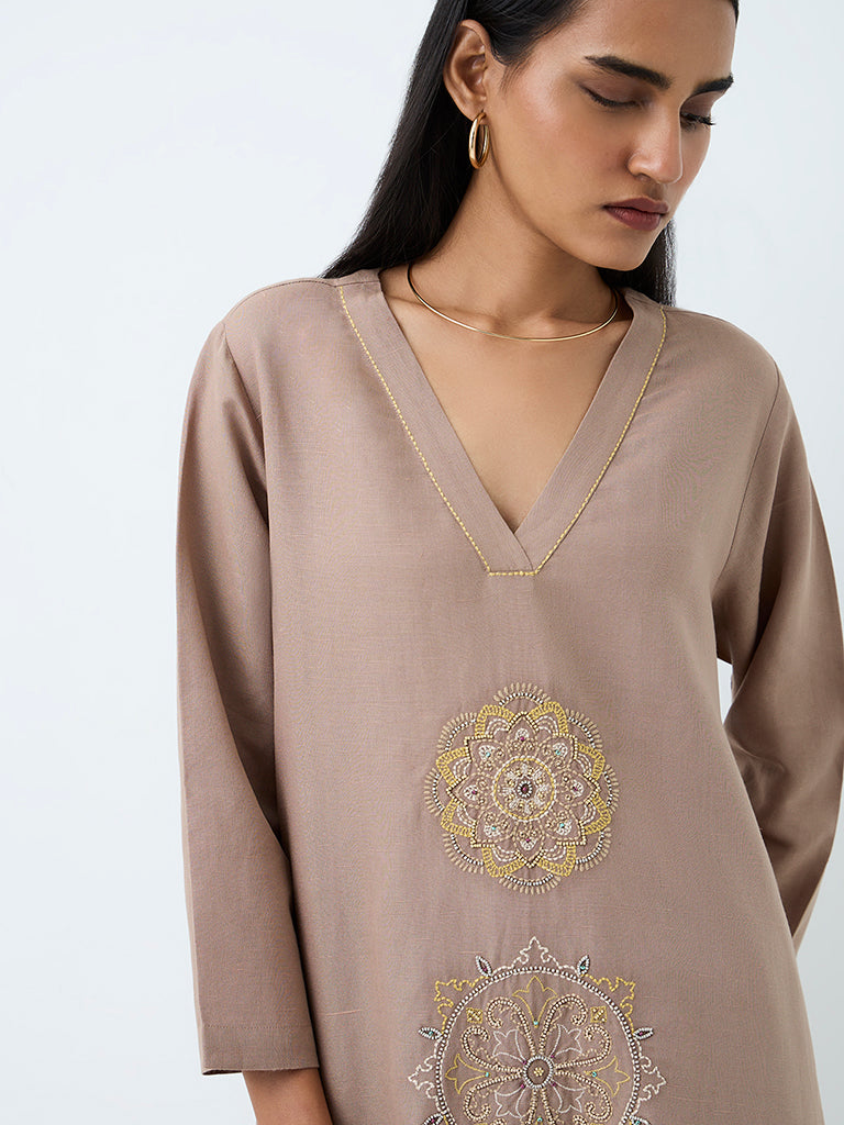 Zuba Dark Taupe Mandala Embroidered A-Line Kurta