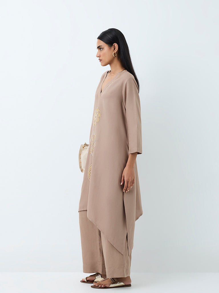 Zuba Dark Taupe Mandala Embroidered A-Line Kurta