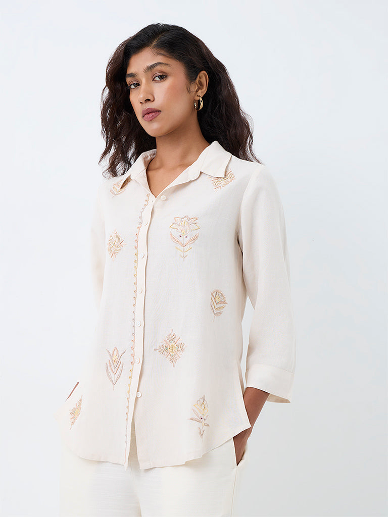 Zuba Off-White Floral Embroidered Linen-Blend Tunic