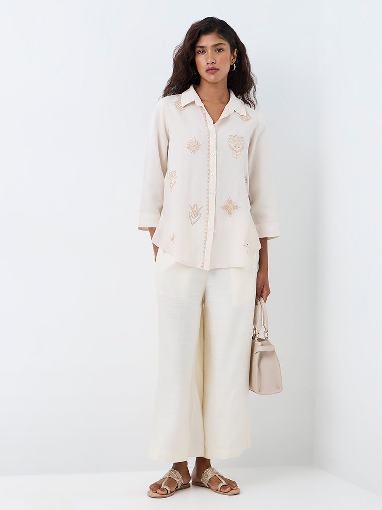Zuba Off-White Floral Embroidered Linen-Blend Tunic