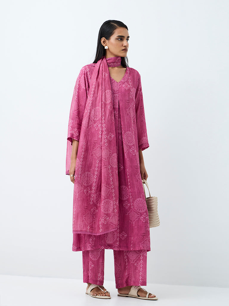 Zuba Pink Printed A-Line Kurta