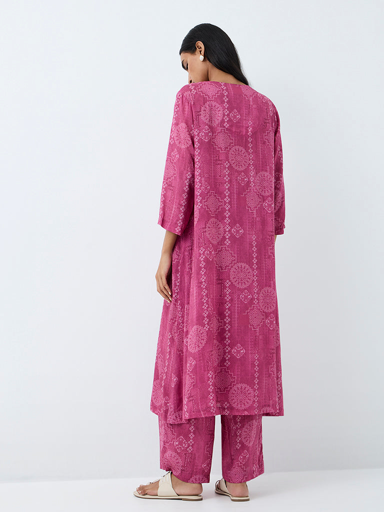 Zuba Pink Printed A-Line Kurta