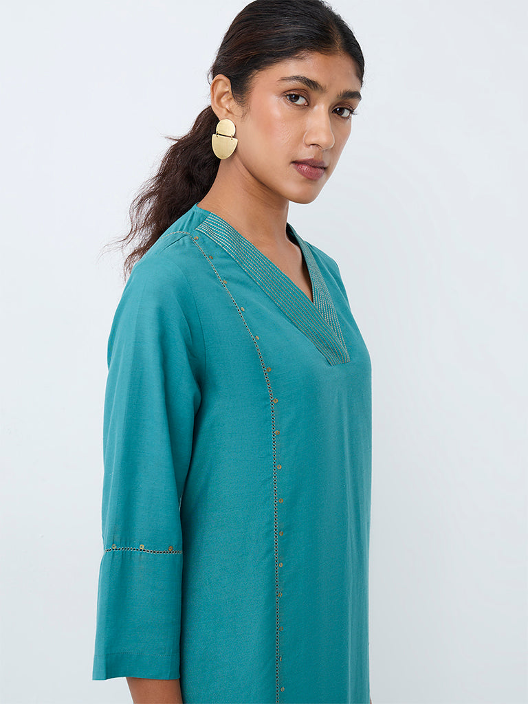 Zuba Teal Sequin-Detail A-Line Kurta