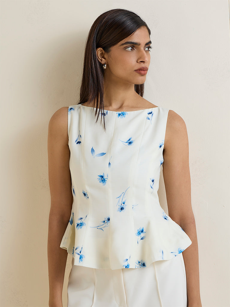 Wardrobe Off-White Floral Printed Peplum Top