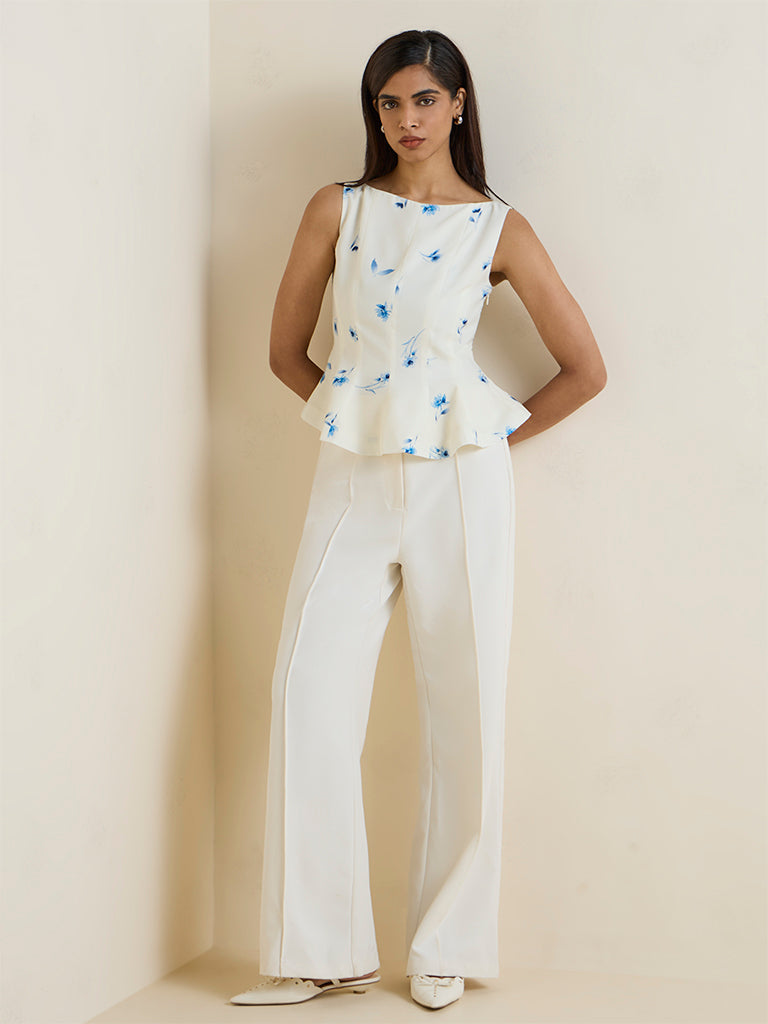 Wardrobe Off-White Floral Printed Peplum Top