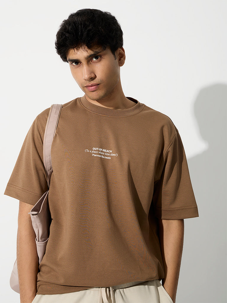Nuoflexx Light Brown Text-Design Relaxed-Fit Cotton-Blend T-Shirt