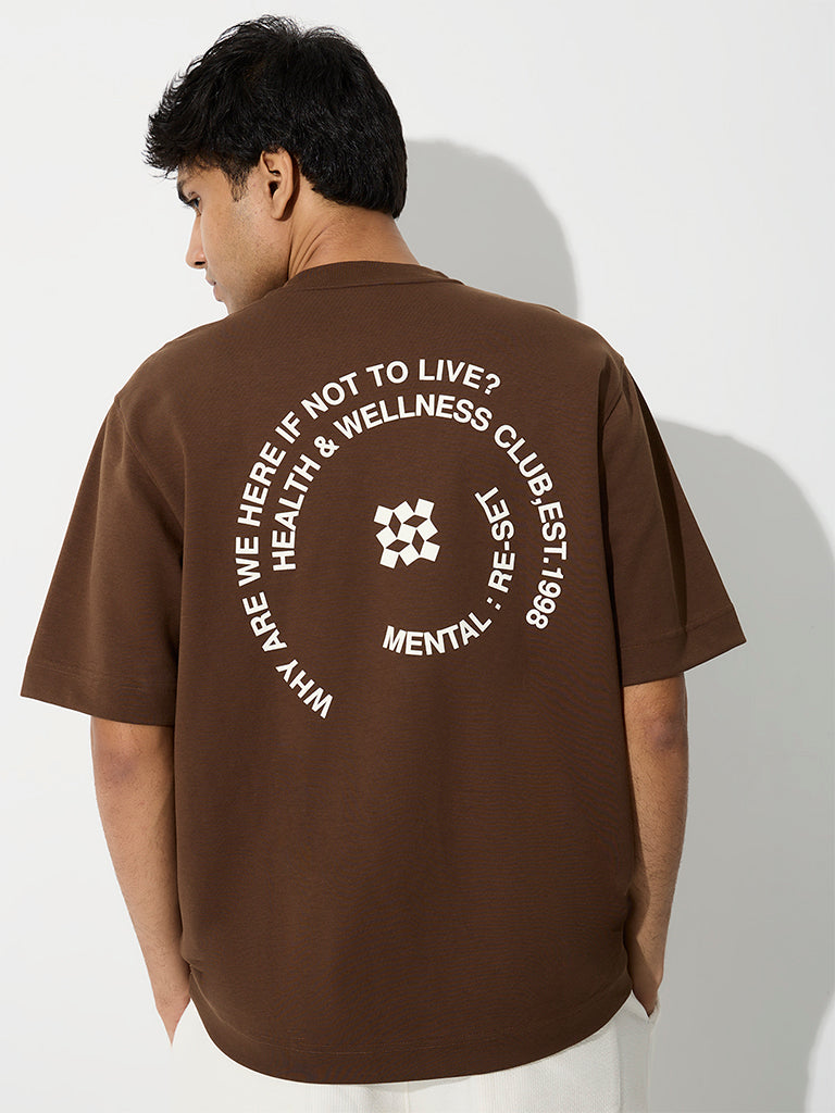 Nuoflexx Dark Brown Text-Design Relaxed-Fit Cotton-Blend T-Shirt