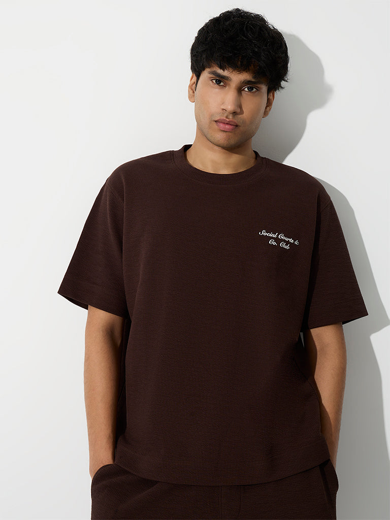 Nuoflexx Dark Brown Ribbed Relaxed-Fit Cotton-Blend T-Shirt
